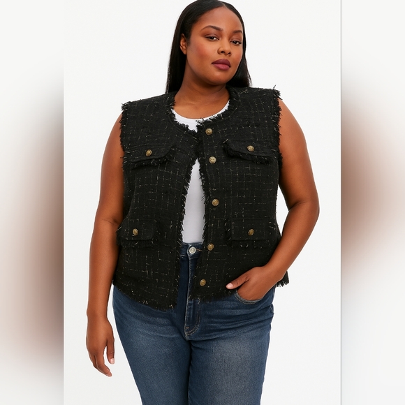 Anthropologie Hazel Black Boucle Tweed Fringe Gold Button Up Vest Pockets Sz L - Picture 9 of 9